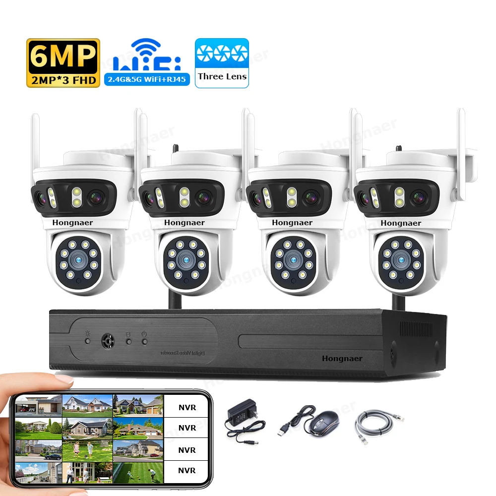 Home Security Cameras Wireless - 2026 Hongnaer 6MP 4CH 3 Lens