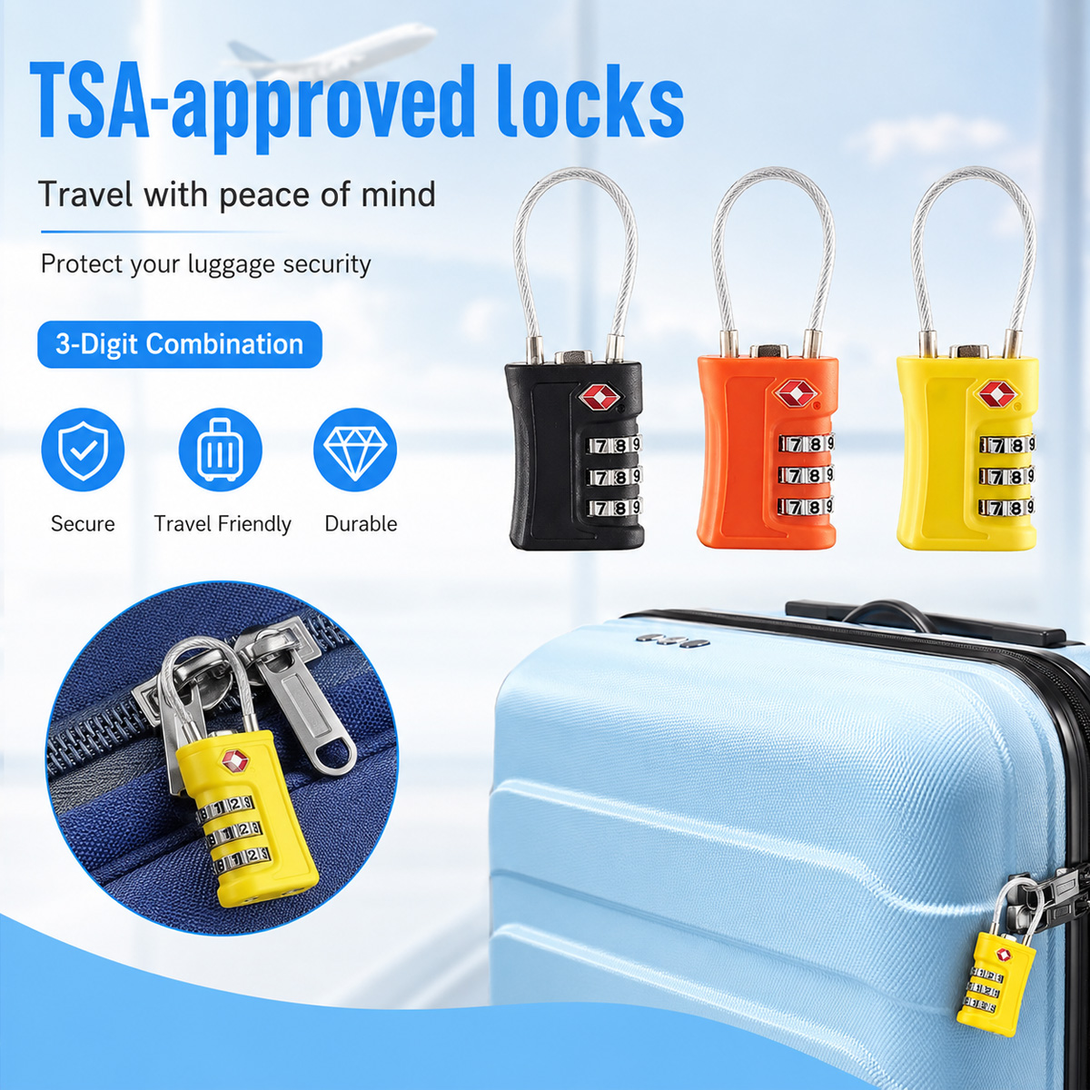 Home Security Adt - TSA Approved Luggage Lock 3 Digit